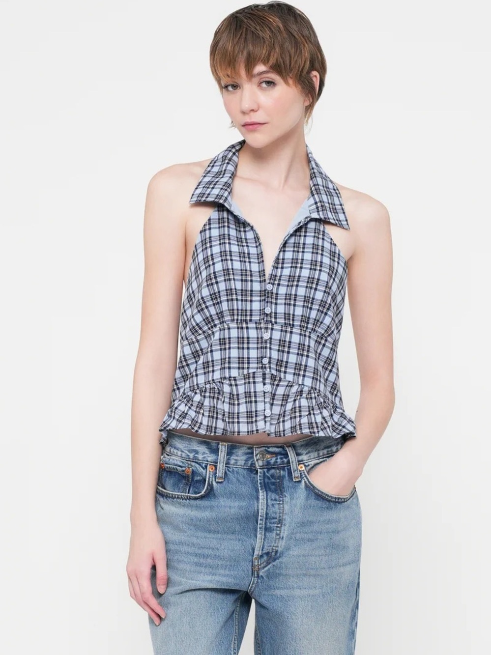 Hollister Blue and Navy Plaid Halter Peplum Button-Front Top